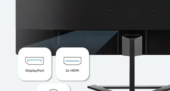 Vista trasera de un monitor negro con tres iconos flotantes mostrando puertos DisplayPort, 2x HDMI y salida de audio de 3.5 mm.