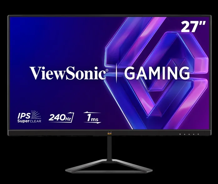 Monitor ViewSonic Gaming de 27 pulgadas con especificaciones técnicas en pantalla sobre fondo negro.